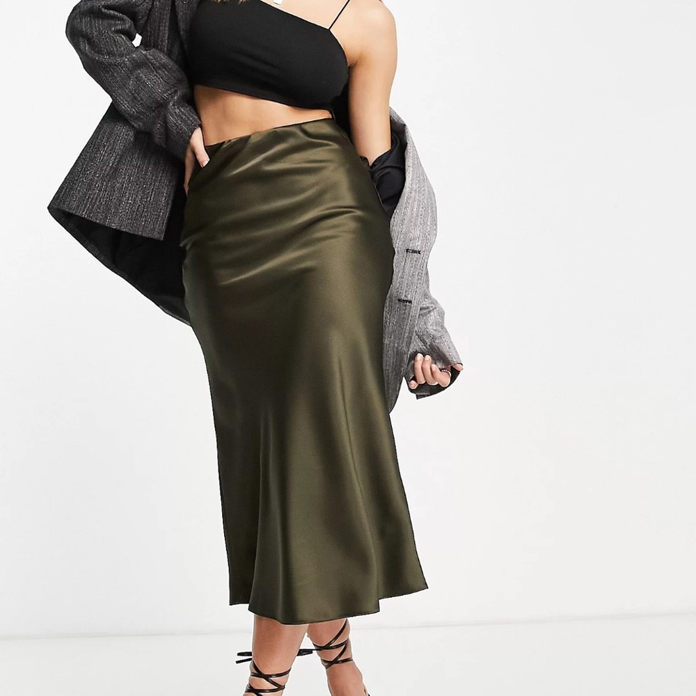 ASOS DESIGN satin bias midi skirt in olive green